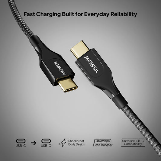 Mowsil USB-C to USB-C PD Fast Charging Cable 100W Type-C Cable, 480Mbps Data Transfer, Zinc Alloy, Nylon Braided for USB-C Phones, Tablets, Laptops