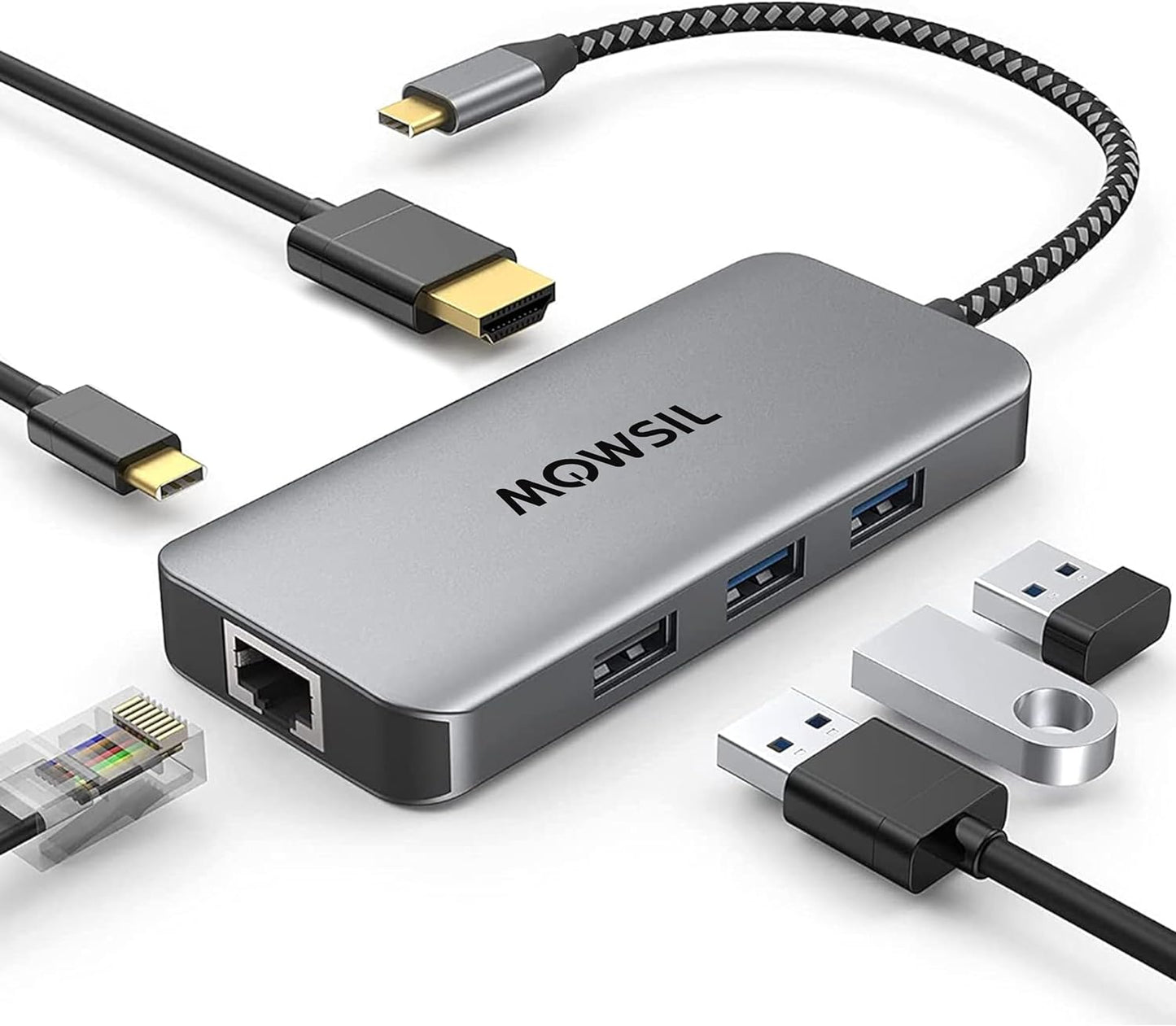 Mowsil 6-in-1 USB-C Hub Docking Station | 4K@60Hz HDMI, 100W PD, RJ45, 3×USB 3.0 & USB-C Data | MacBook iPad