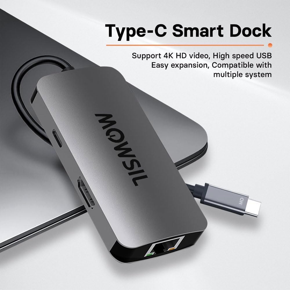 Mowsil 6-in-1 USB-C Hub Docking Station | 4K@60Hz HDMI, 100W PD, RJ45, 3×USB 3.0 & USB-C Data | MacBook iPad
