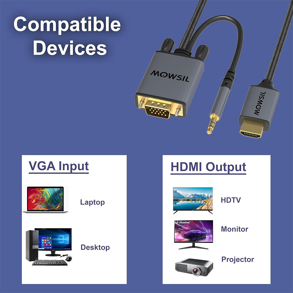 كابل موسيل VGA إلى HDMI بطول 2 متر مع صوت