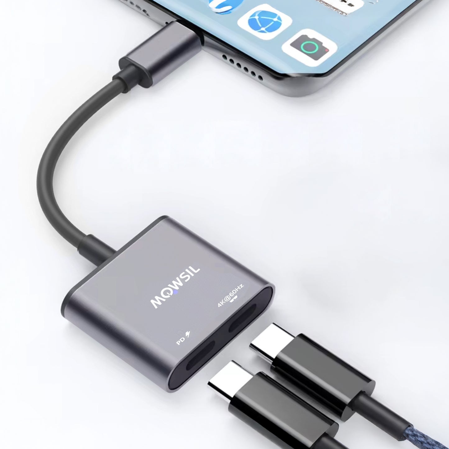 Mowsil Type C to Dual Type C Adapter with 4K@60Hz Display Output and 100W PD Fast Charging, Aluminum Body, for MacBook, iPad Pro, Windows Laptop, Android Devices