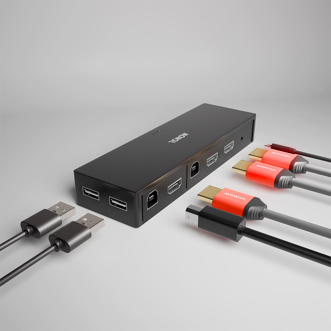 مفتاح Mowsil HDMI KVM ثنائي المنفذ بدقة 4K@60Hz - مشاركة لوحة مفاتيح USB والفأرة والشاشة بين جهازي كمبيوتر/كمبيوتر محمول