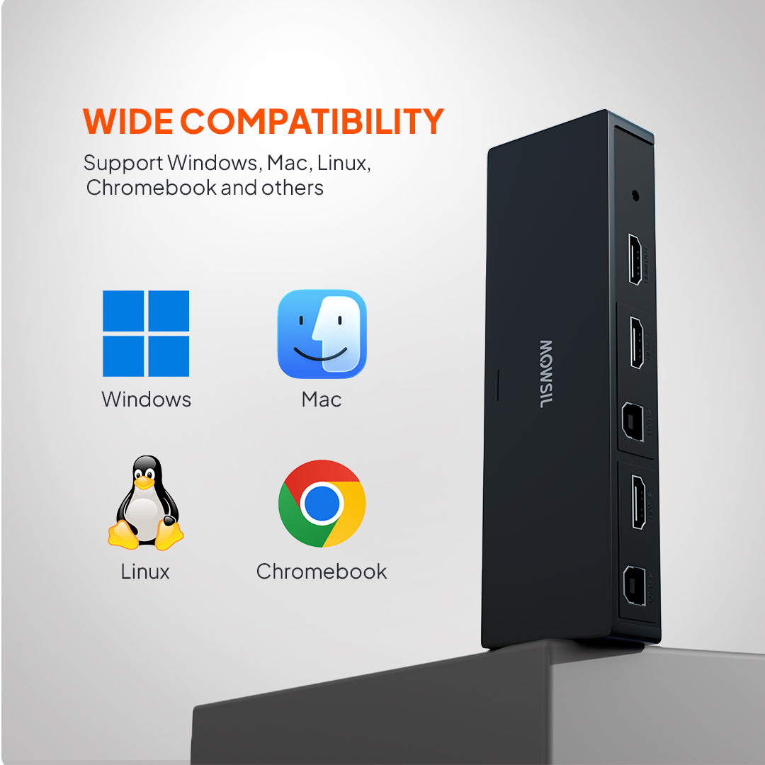 مفتاح Mowsil HDMI KVM ثنائي المنفذ بدقة 4K@60Hz - مشاركة لوحة مفاتيح USB والفأرة والشاشة بين جهازي كمبيوتر/كمبيوتر محمول