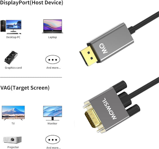 كابل موسيل من DisplayPort إلى VGA | دقة عالية كاملة ١٠٨٠ بكسل بتردد ٦٠ هرتز، موصل مطلي بالذهب، هيكل من سبائك الألومنيوم | شاشة كمبيوتر