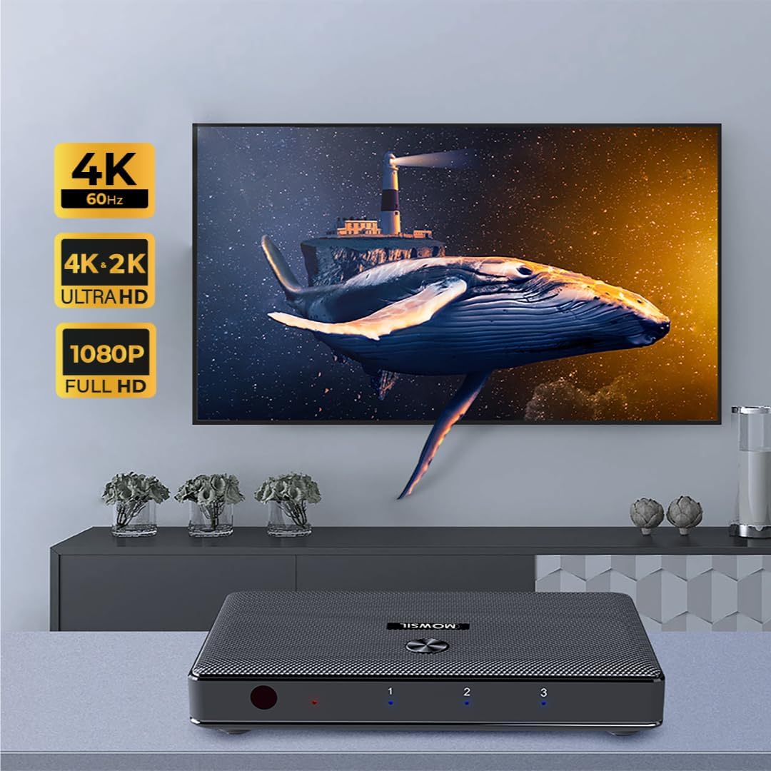 MOWSIL HDMI splitter product image showing a 4K display setup