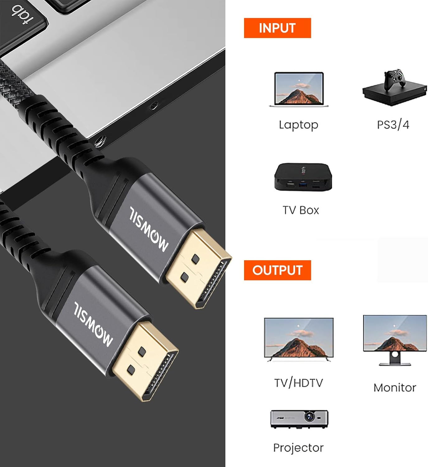 كابل Mowsil DP 4K 60Hz 1.2 مضفر