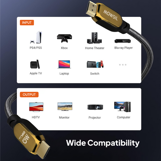 كابل Mowsil 8K HDMI 2.1 - سرعة فائقة 48 جيجابت في الثانية، 8K بتردد 60 هرتز، 4K بتردد 120 هرتز، موصلات مضفرة مطلية بالذهب