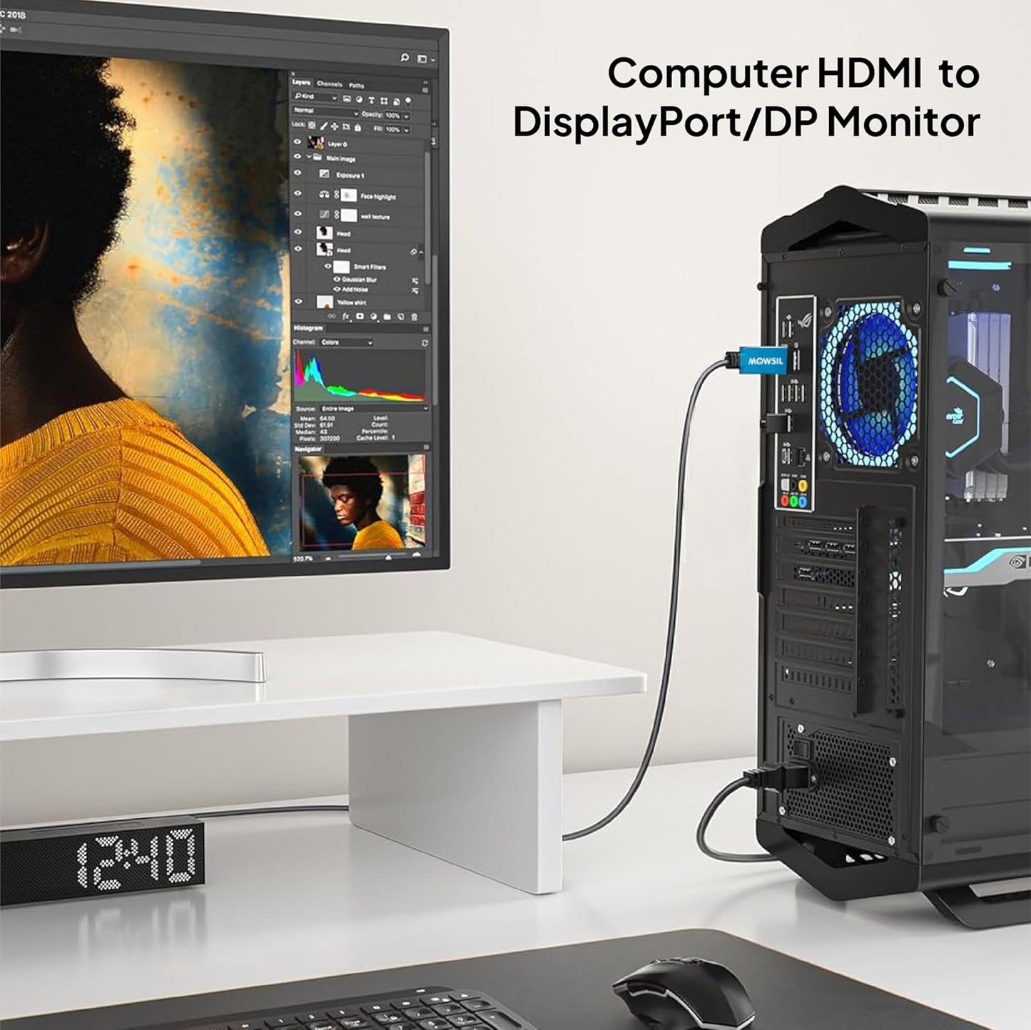 Mowsil HDMI to DisplayPort Cable 4K@60Hz | Gold-Plated Unidirectional HDMI to DP Cable for PC, PS5, Xbox & Monitor