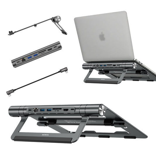 Mowsil Laptop Stand with 8-in-1 USB-C Hub, Adjustable Aluminum Laptop Riser