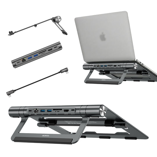 Mowsil Laptop Stand with 8-in-1 USB-C Hub, Adjustable Aluminum Laptop Riser