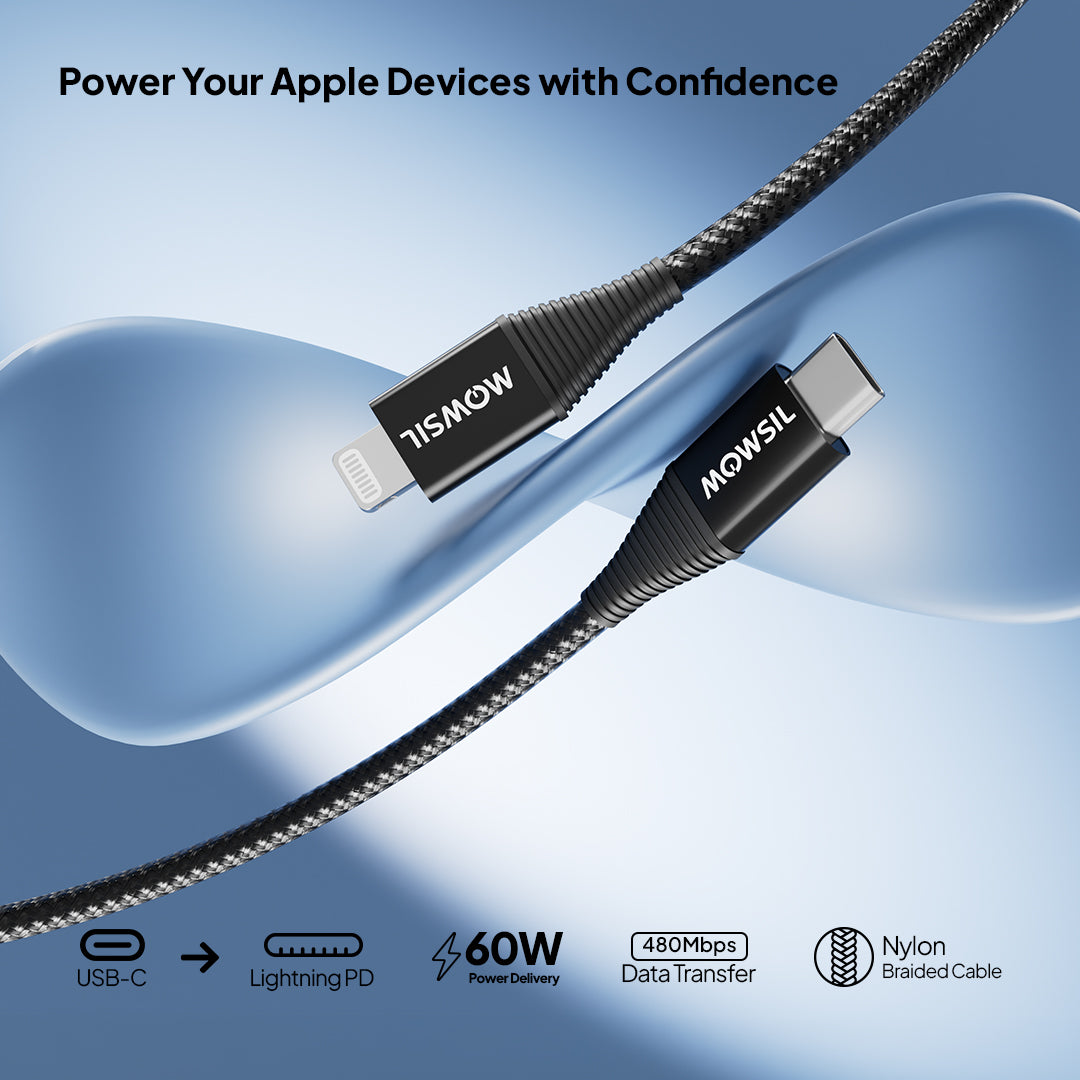 Mowsil USB-C to Lightning Cable 1.2M, PD Fast Charging & 480Mbps Data Transfer, Nylon Braided Aluminum Alloy Type-C to Lightning Cable for iPhone & iPad, Black