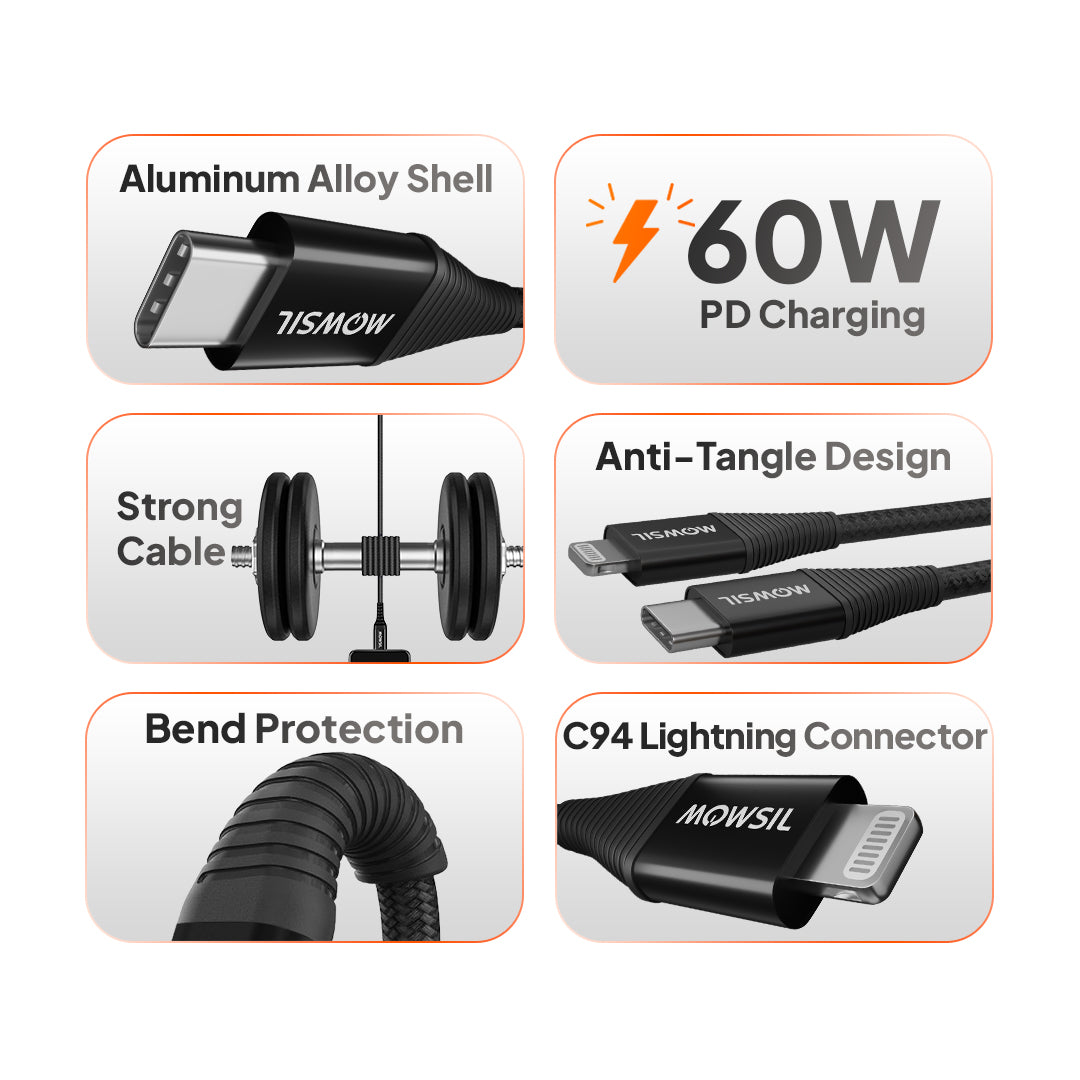 Mowsil USB-C to Lightning Cable 1.2M, PD Fast Charging & 480Mbps Data Transfer, Nylon Braided Aluminum Alloy Type-C to Lightning Cable for iPhone & iPad, Black