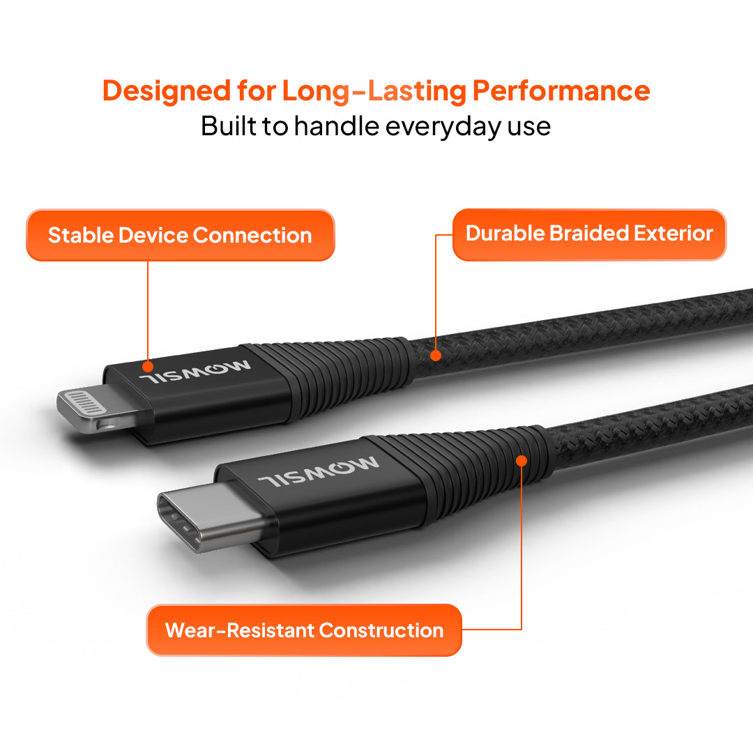 Mowsil USB-C to Lightning Cable 1.2M, PD Fast Charging & 480Mbps Data Transfer, Nylon Braided Aluminum Alloy Type-C to Lightning Cable for iPhone & iPad, Black