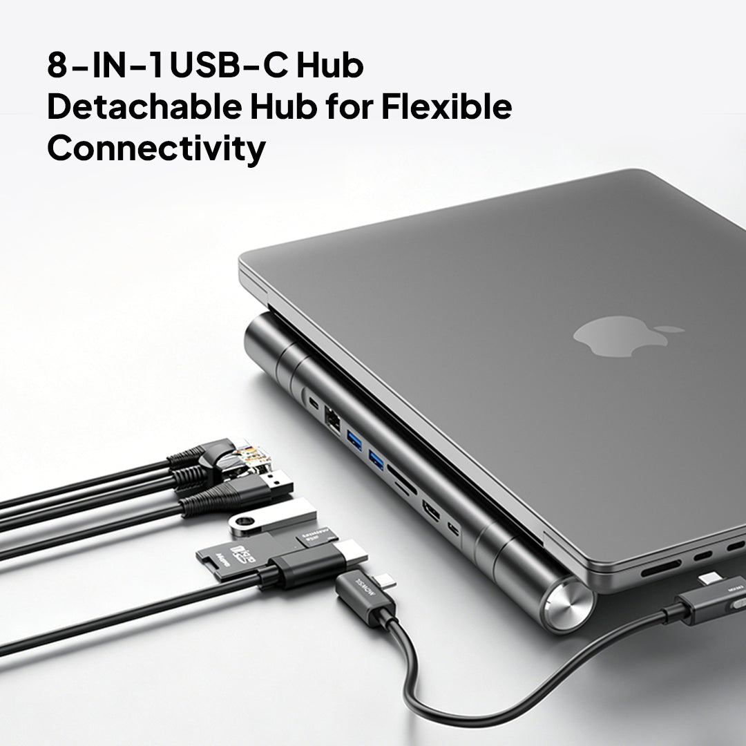 حامل الكمبيوتر المحمول Mowsil مع موزع USB-C 8 في 1، حامل كمبيوتر محمول قابل للتعديل من الألومنيوم