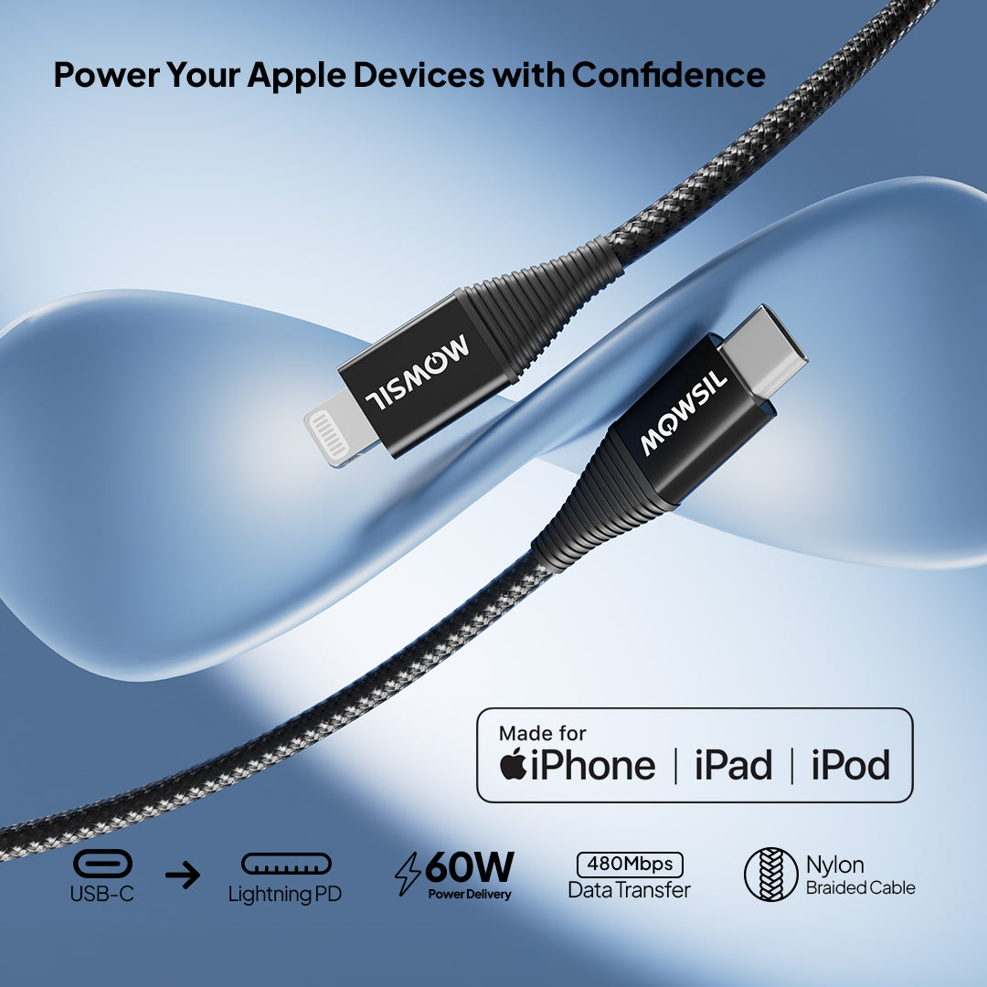 Mowsil USB-C to Lightning Cable 1.2M, PD Fast Charging & 480Mbps Data Transfer, Nylon Braided Aluminum Alloy Type-C to Lightning Cable for iPhone & iPad, Black