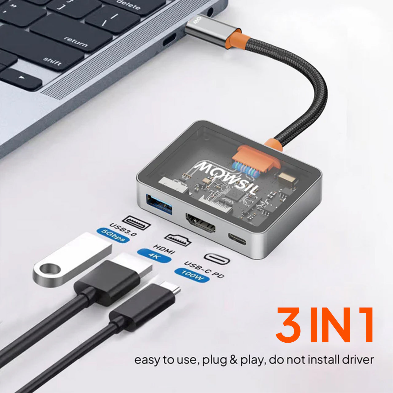 Mowsil USB-C to HDMI Multiport Adapter – 4K@60Hz, USB-A 5Gbps & 100W PD, Zinc Alloy 3-in-1 Dock for MacBook
