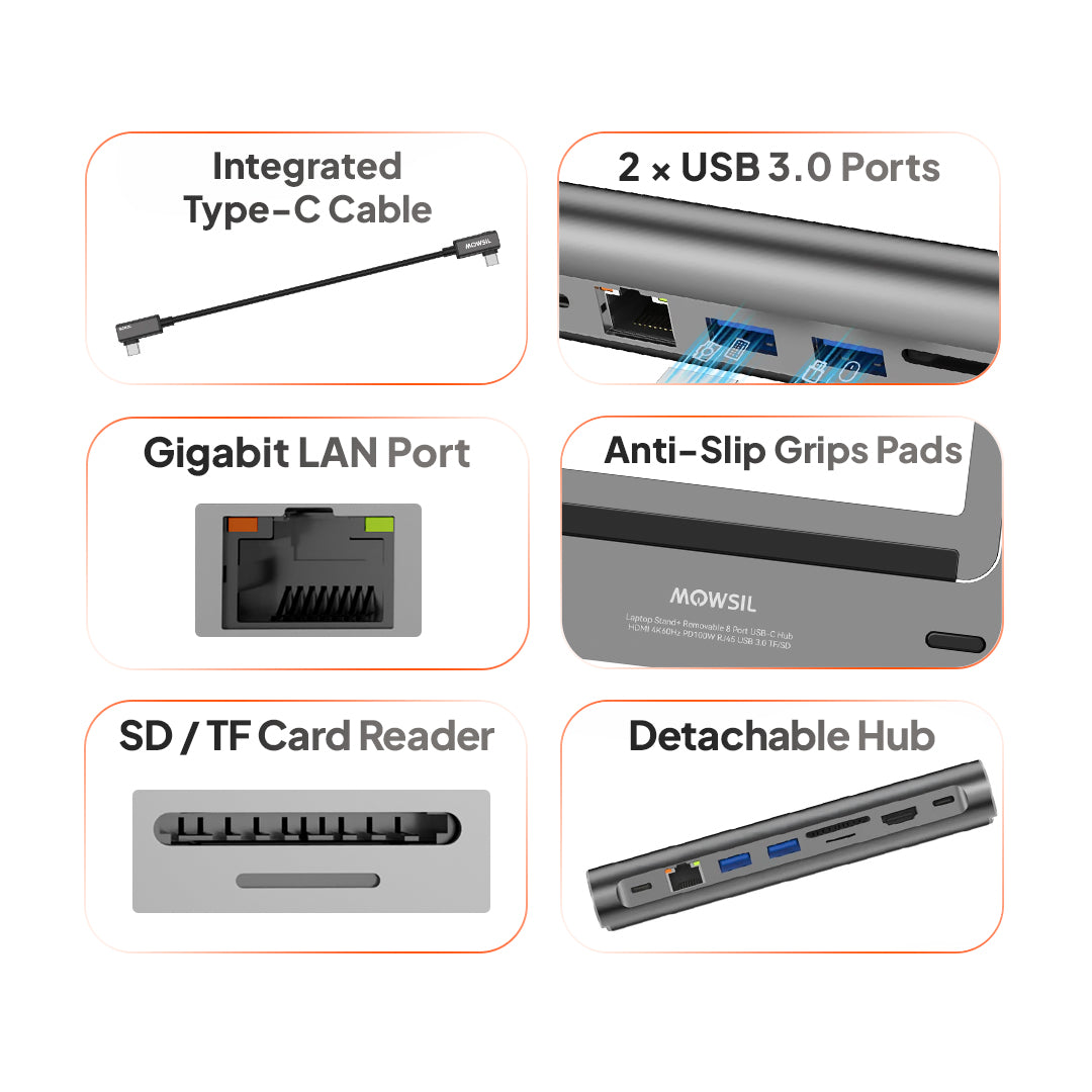 حامل الكمبيوتر المحمول Mowsil مع موزع USB-C 8 في 1، حامل كمبيوتر محمول قابل للتعديل من الألومنيوم