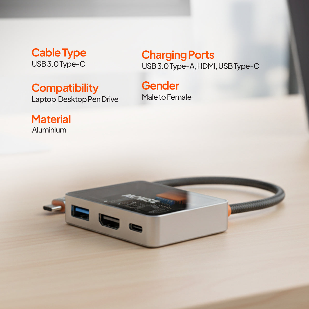 Mowsil USB-C to HDMI Multiport Adapter – 4K@60Hz, USB-A 5Gbps & 100W PD, Zinc Alloy 3-in-1 Dock for MacBook