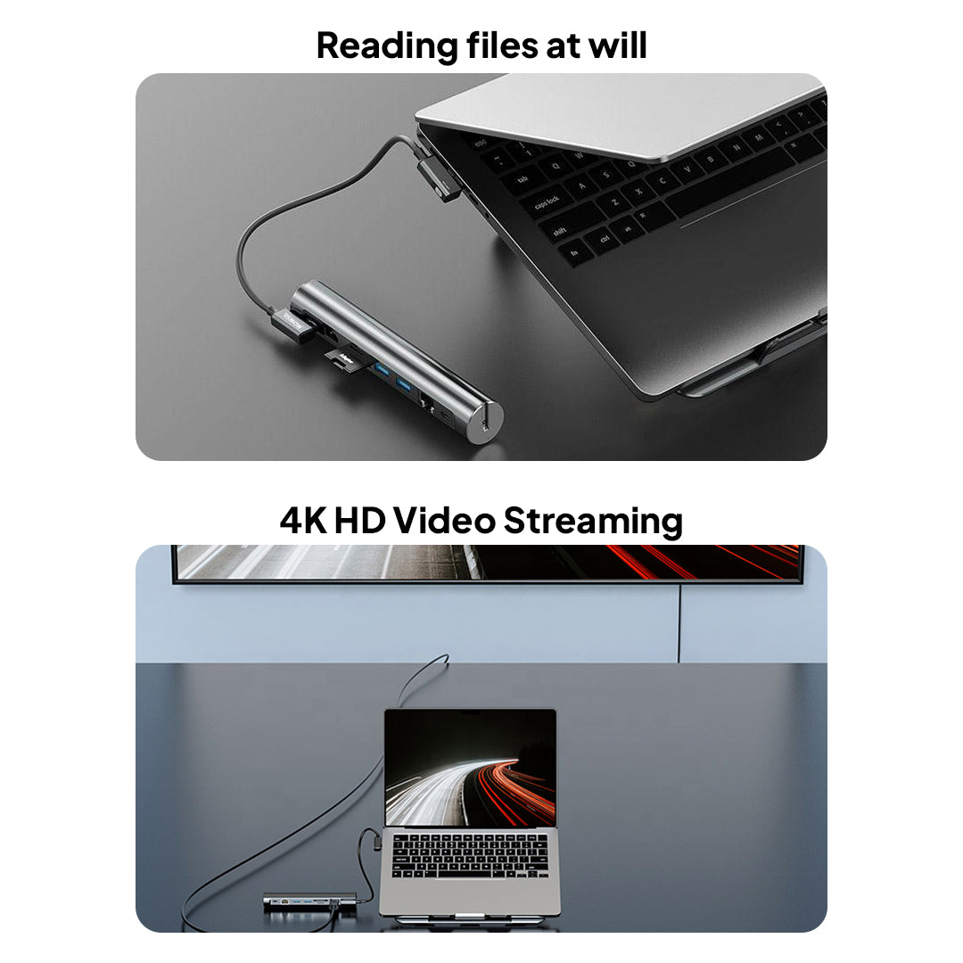 حامل الكمبيوتر المحمول Mowsil مع موزع USB-C 8 في 1، حامل كمبيوتر محمول قابل للتعديل من الألومنيوم