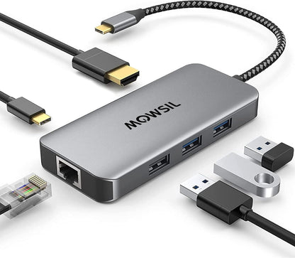 Mowsil 6-in-1 USB-C Hub Docking Station | 4K@60Hz HDMI, 100W PD, RJ45, 3×USB 3.0 & USB-C Data | MacBook iPad