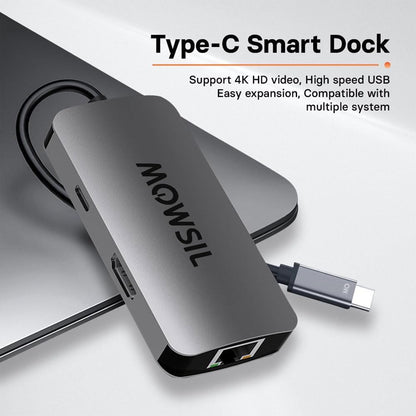 Mowsil 6-in-1 USB-C Hub Docking Station | 4K@60Hz HDMI, 100W PD, RJ45, 3×USB 3.0 & USB-C Data | MacBook iPad