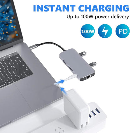 Mowsil 6-in-1 USB-C Hub Docking Station | 4K@60Hz HDMI, 100W PD, RJ45, 3×USB 3.0 & USB-C Data | MacBook iPad