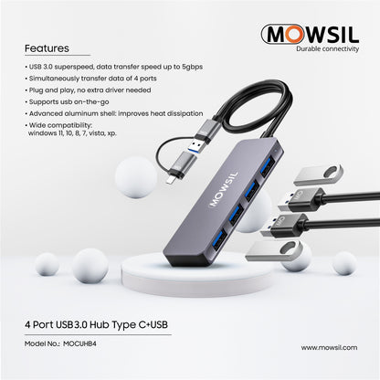 موزع موسيل من النوع C + USB 4 منافذ USB 3.0