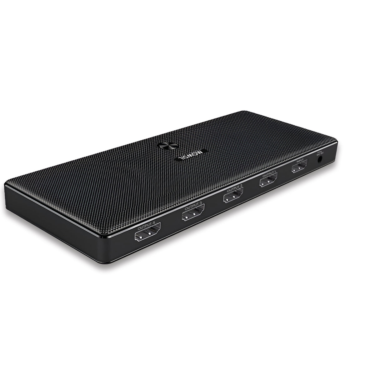MOWSIL 1x4 HDMI splitter showing its HDMI connections