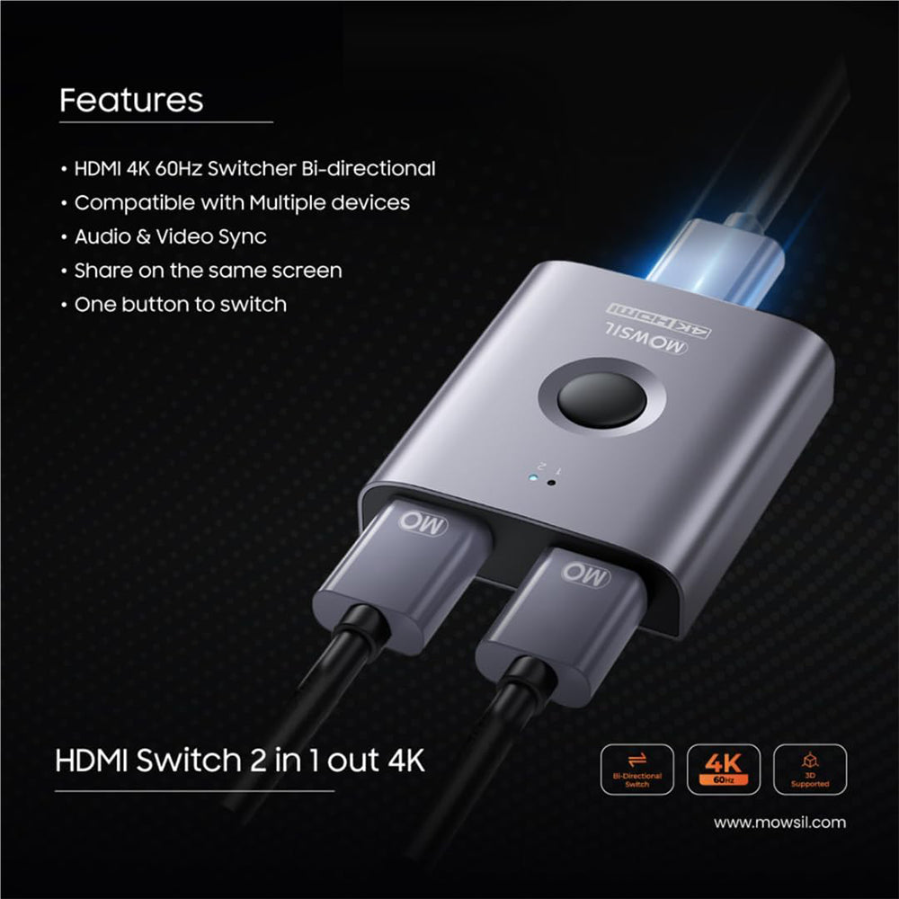مفتاح Mowsil HDMI 2 في 1 مخرج 4K@60Hz