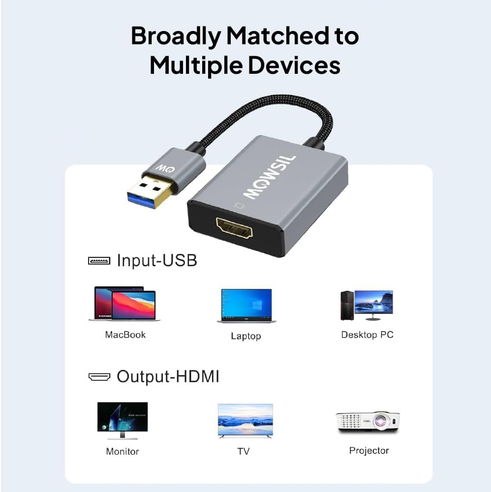 محول Mowsil USB إلى HDMI - محول USB 3.0، دقة 1080 بكسل عالية الوضوح، هيكل من الألومنيوم، توصيل وتشغيل لأجهزة الكمبيوتر الشخصية والكمبيوتر المحمول 