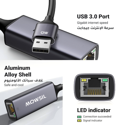 محول Mowsil USB إلى شبكة محلية Gigabit RJ45