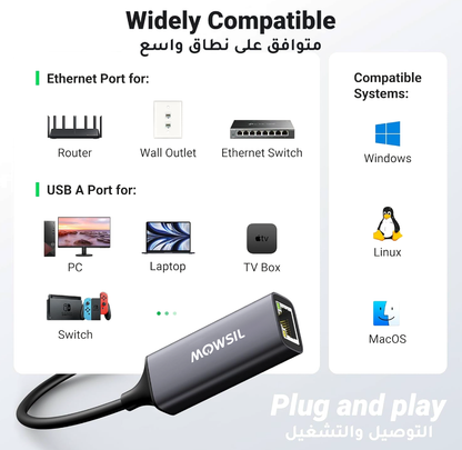 محول Mowsil USB إلى شبكة محلية Gigabit RJ45