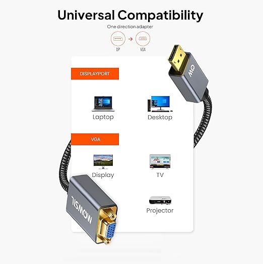 Mowsil DisplayPort to VGA Adapter – 1080p@60Hz, Gold-Plated, Plug & Play Converter for PC, Laptop & Monitor