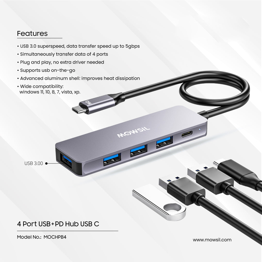 موزع مووسيل من النوع سي بأربعة منافذ USB 3.0 +PD-C
