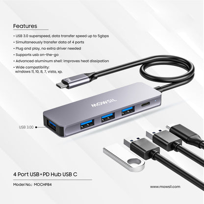 موزع مووسيل من النوع سي بأربعة منافذ USB 3.0 +PD-C